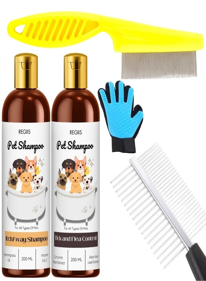 Regiis Pet Grooming Kit with Shampoo Set, Tick and Flea Control, Itch Relief, 200ml Bottles, Deshedding Brush, Comb, Grooming Glove for Dogs(PACK OF 5) - Image 1